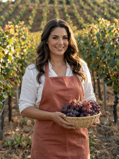 Sienna, a 33-year-old Italian-American woman holding grapes in a California vineyard in warm afternoon light