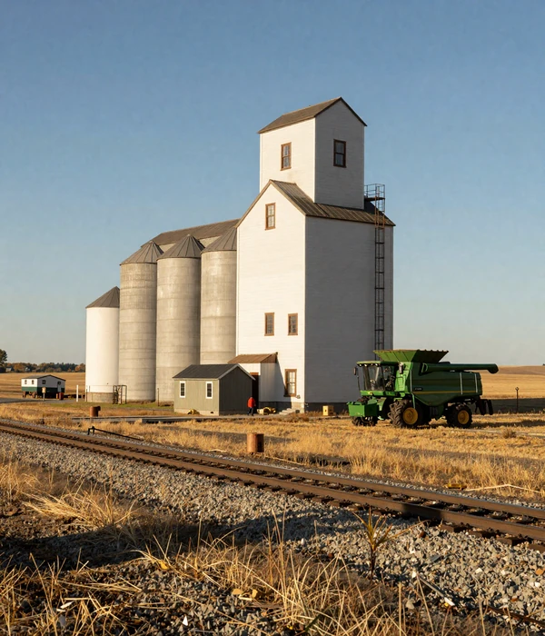 Minnesota grain elevator and silos in a small prairie town with golden stubble fields and a combine parked nearby under blue autumn sky