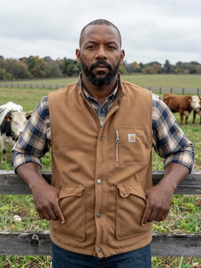 Darius, a 45-year-old Black rancher leaning on a fence with cattle grazing in a Texas pasture