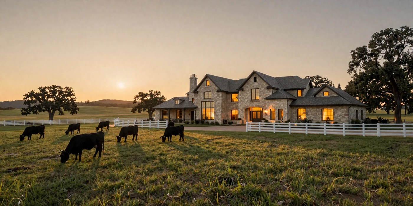 Luxurious sprawling ranch estate at sunset with vast green pastures and premium cattle, millionaire farmers dating