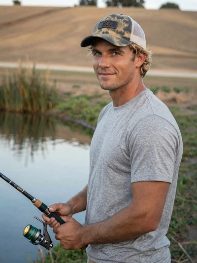 Wyatt, a 37-year-old country farmer from Alabama holding a fishing rod by a farm pond