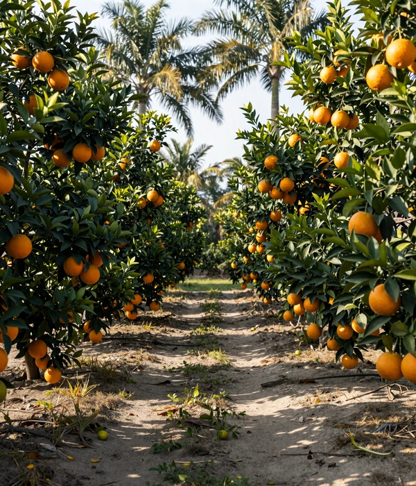 Florida citrus orange grove with rows of mature trees loaded with ripe oranges in bright morning sunlight