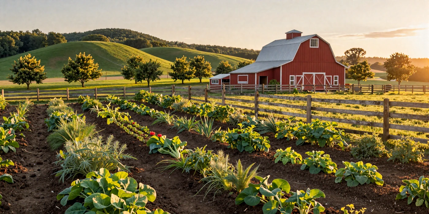 Thriving organic farm in the northeastern United States at golden hour with vegetable rows, red barn, and rolling green hills, jewish farmers dating
