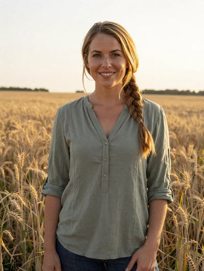 Hannah, a 35-year-old German-American farmer woman standing in golden wheat fields in Iowa at sunset