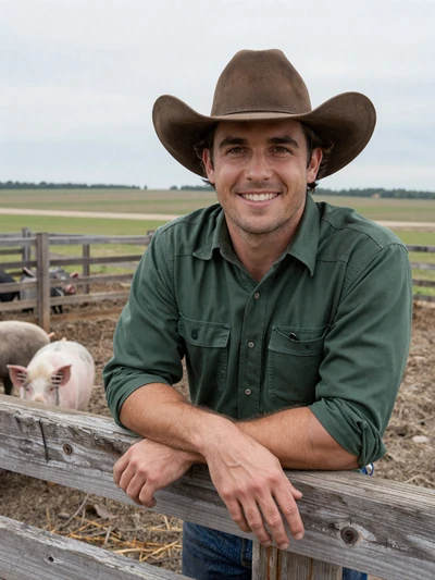 Brad, 41, Illinois hog farmer leaning on fence near hog pens in Bureau County