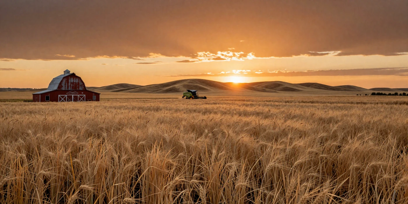Golden Kansas wheat field at sunset with Flint Hills prairie and a red barn in the distance - the Wheat State heartland