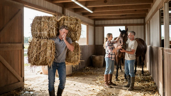 Farming couple working together in a barn with natural light, partnership on the farm