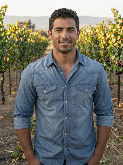Carlos, 37, California vineyard operator smiling among grapevines in Napa Valley at golden hour