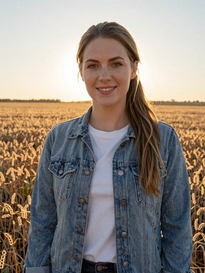 Hannah, 32, Minnesota soybean farmer smiling at edge of golden field in Blue Earth County