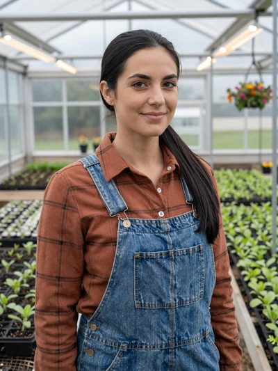 Leah, a 33-year-old Jewish-American farmer in her Maine greenhouse surrounded by seedling trays