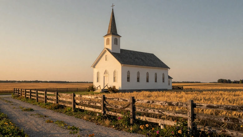 White country church surrounded by golden wheat fields at sunset in rural America, faith and farming