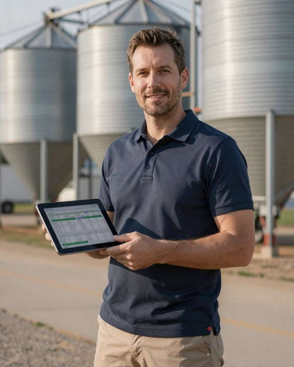 Industrial farming professional holding a tablet in front of modern grain storage facility at a large-scale commercial farm operation