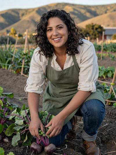 Miriam, a 38-year-old Jewish-American farmer holding fresh beets in her California garden at golden hour