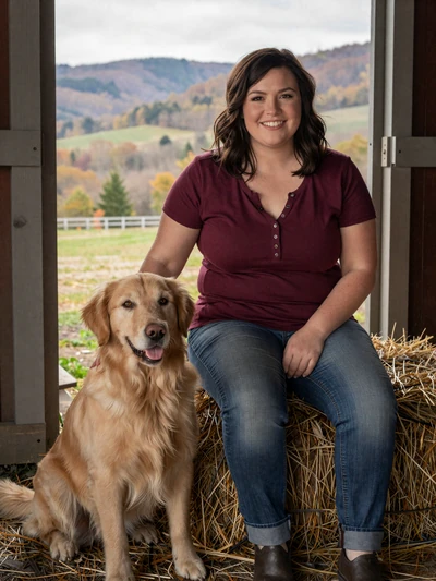 Leah, 34, Ohio specialty farmer sitting on hay bale with golden retriever in Hocking County