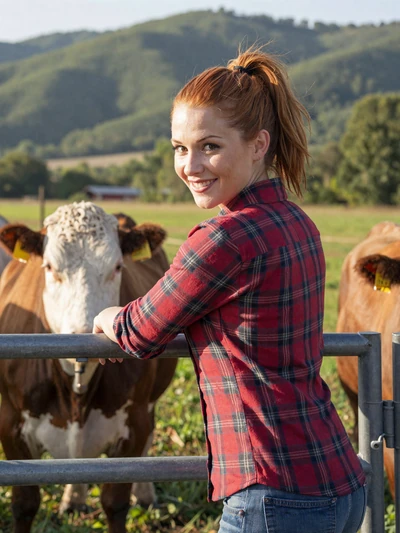 Loretta, 29, Tennessee cattle farmer leaning on a gate with Hereford cattle in Lincoln County