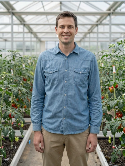 Willem, a 44-year-old Dutch-American farmer standing in a modern greenhouse with tomato plants in Michigan
