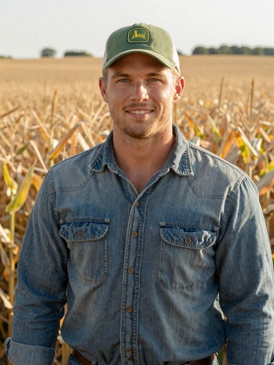Tyler, 35, Iowa corn farmer smiling in front of a cornfield near Story County