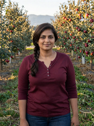 Priya, a 40-year-old Indian-American farmer standing in an apple orchard in Washington state