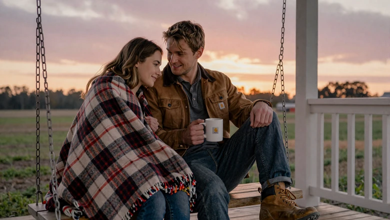 Farmer couple sharing coffee on a porch swing at dawn with farm fields in the background, dating a farmer lifestyle