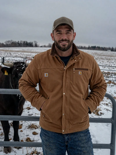 Jake, 44, Minnesota cattle rancher leaning on gate with Angus herd in snowy Otter Tail County pasture