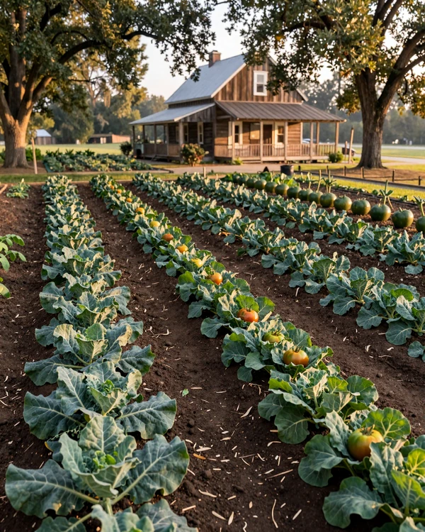 Thriving vegetable farm in the American South with neat rows of crops and a wooden farmhouse in warm morning light