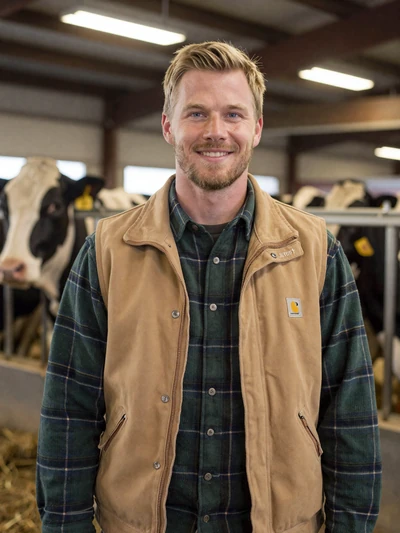 Erik, 38, Minnesota dairy farmer smiling inside barn with Holstein cows in Stearns County
