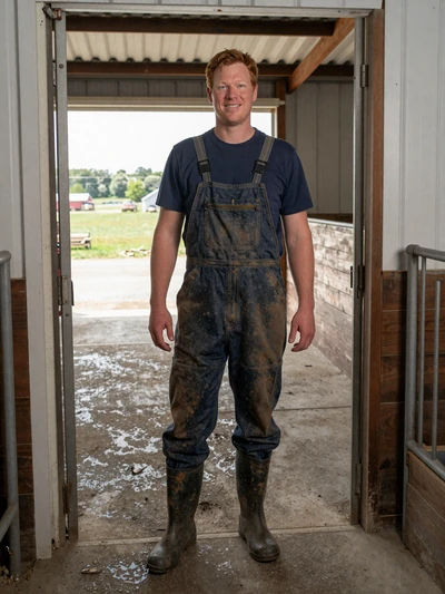 Wade, 39, Iowa hog producer standing in a barn doorway on his farmstead