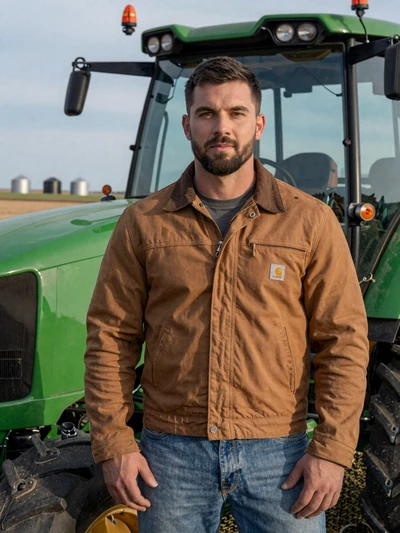 Dustin, 41, Kansas mixed farmer standing beside a tractor with grain bins and prairie in the background