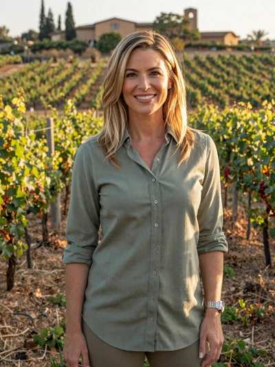 Catherine, a 42-year-old vineyard owner standing in her California wine country estate with rows of grapevines behind