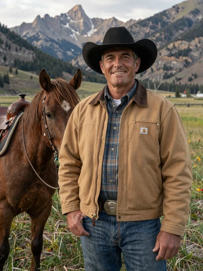 Travis, 47, Montana rancher standing beside a saddled horse in a mountain valley meadow wearing a Carhartt jacket and cowboy hat