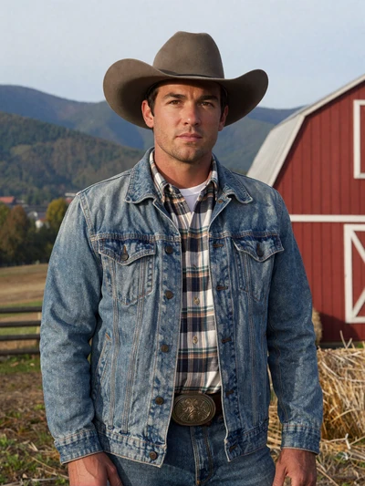 Travis, 44, West Virginia cattle and hay farmer standing beside red barn with Appalachian mountains behind