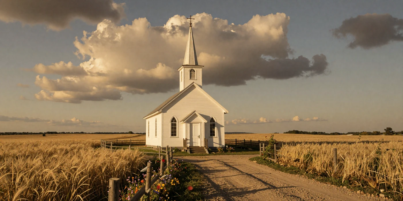 White country church with steeple surrounded by golden wheat fields at sunset in rural America, christian farmers dating