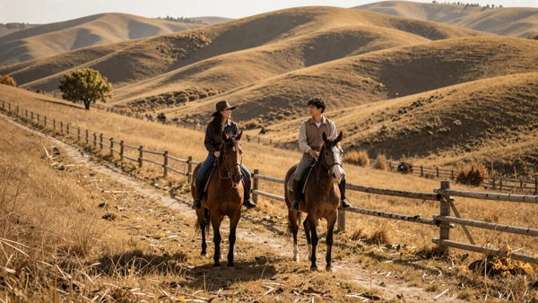 Young couple on horseback riding through autumn countryside for a country first date