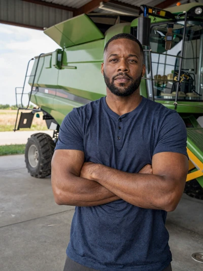 Marcus, a 40-year-old commercial grain producer standing in front of modern combine harvesters in an Illinois machine shed