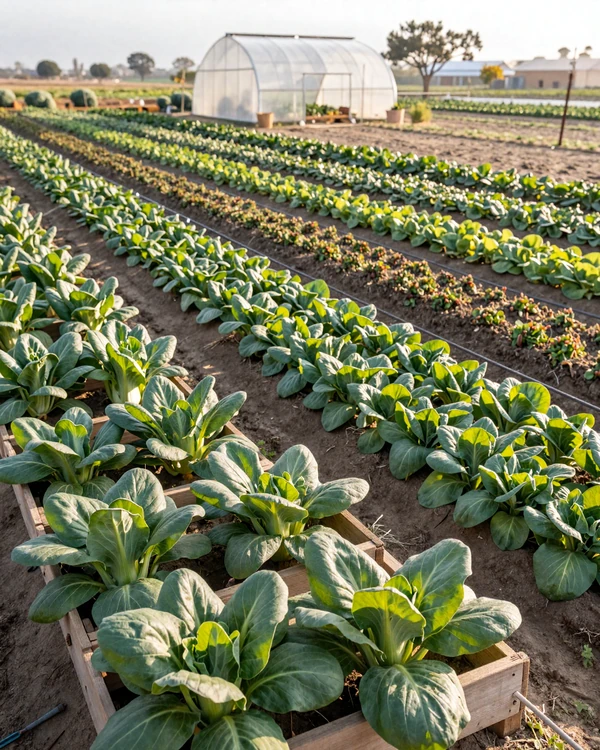 Thriving vegetable farm in California with rows of Asian greens and freshly harvested produce in wooden crates at morning light