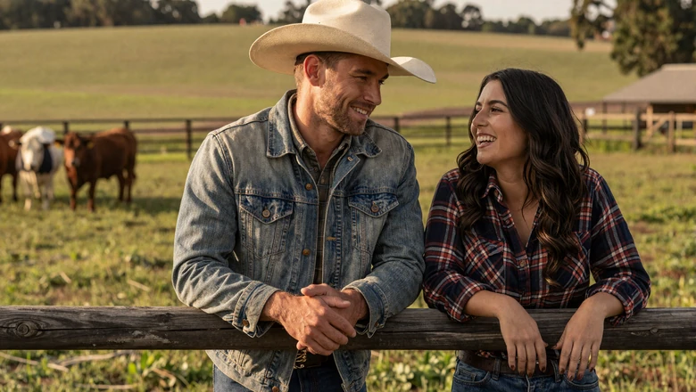 Happy farming couple leaning on a ranch fence at golden hour, real country dating