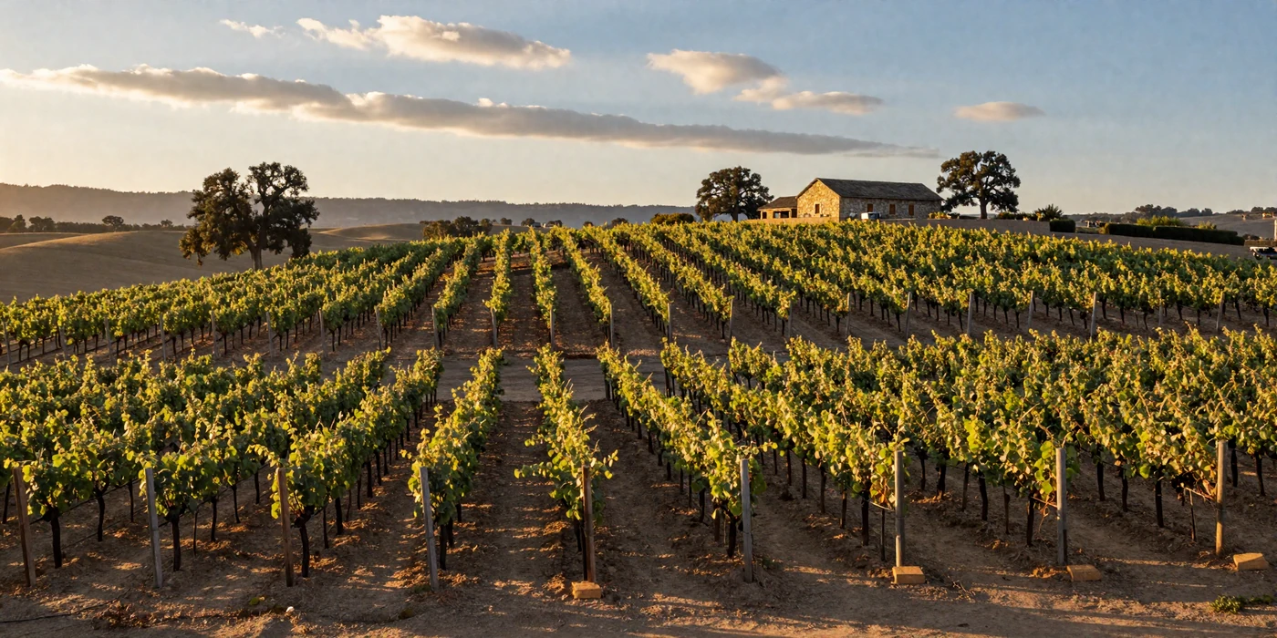 Golden California vineyard at sunset with rolling hills and lush green grapevines stretching across the Central Valley farmland