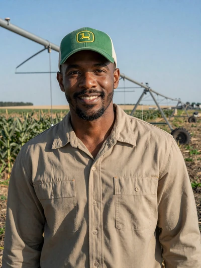 Marcus, 41, Nebraska irrigated corn farmer standing near a center-pivot system in Buffalo County