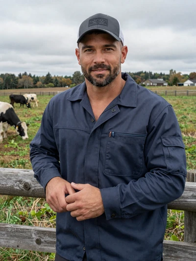 Ethan, 44, Maine dairy farmer leaning on fence with cows in green pasture in Somerset County