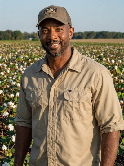 Marcus, 45, Tennessee cotton and soybean farmer standing in a green field in Haywood County