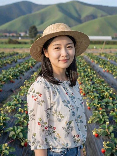 Yuki, a 36-year-old Japanese-American farmer standing among strawberry plants on her Oregon farm