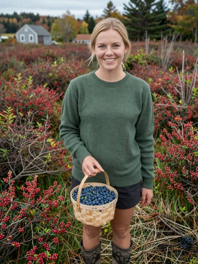 Lily, 29, Maine blueberry harvester smiling with basket of wild blueberries in Washington County barrens