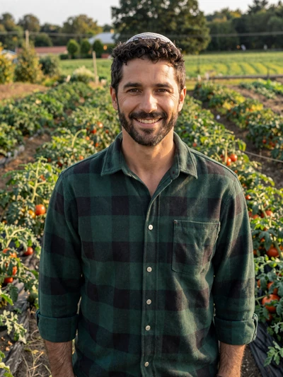 Daniel, a 40-year-old Jewish-American organic farmer smiling in his Connecticut vegetable field at golden hour