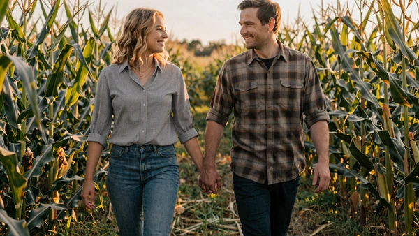 Happy farming couple holding hands walking through sunlit cornfield at golden hour