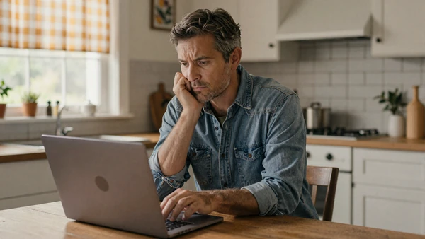 Farmer at kitchen table reviewing an online dating profile on his laptop, safety concept