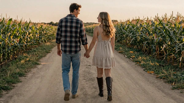 Young couple walking down a country road at sunset, a guide to dating a farmer