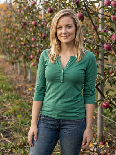 Beth, 29, West Virginia apple orchard farmer smiling among apple trees in the Eastern Panhandle