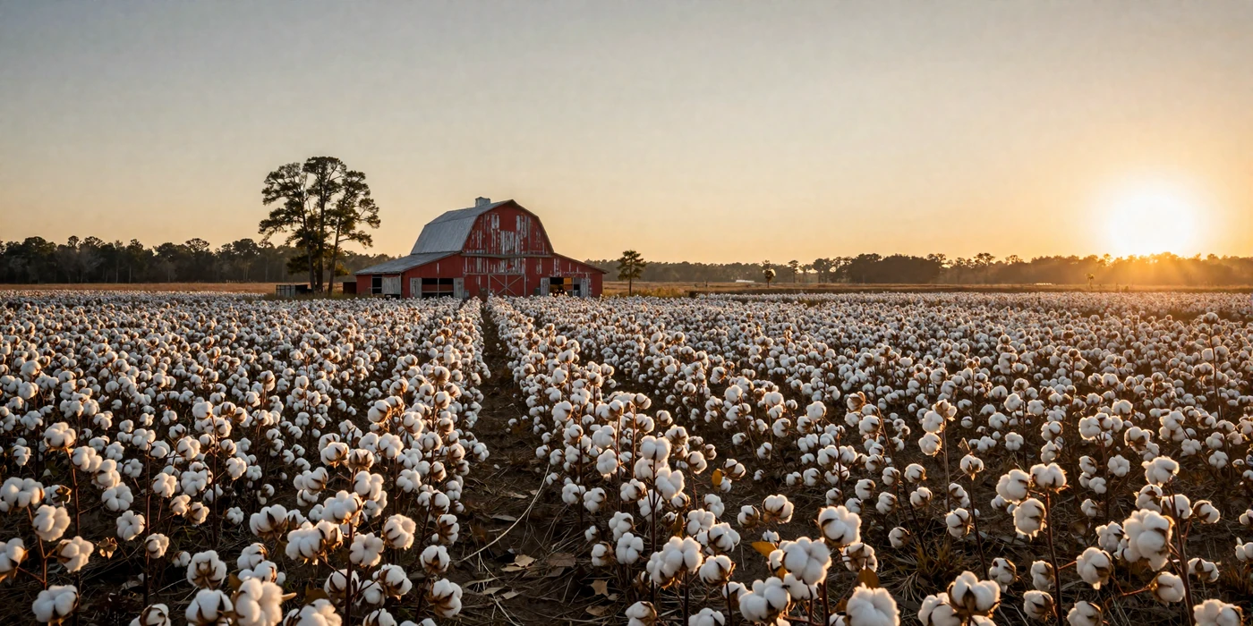 Alabama cotton fields at sunset with fluffy white bolls ready for harvest and a red barn against a pine-lined Deep South horizon
