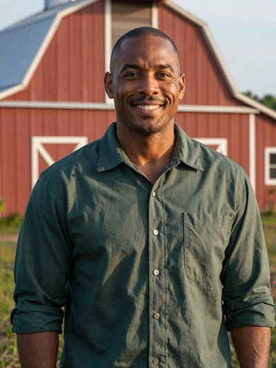 Marcus, a 40-year-old Black farmer from Alabama smiling in front of a red barn at golden hour