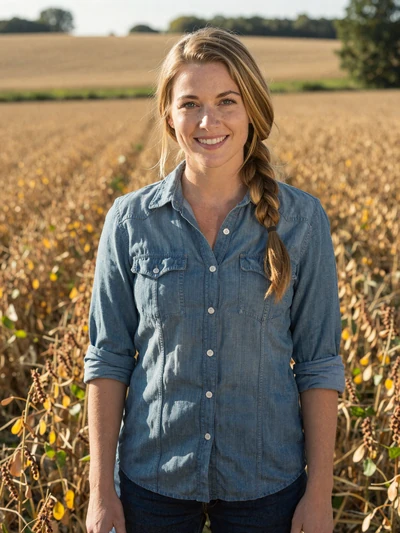 Shelby, 33, Tennessee soybean and corn farmer smiling in a golden field in Gibson County